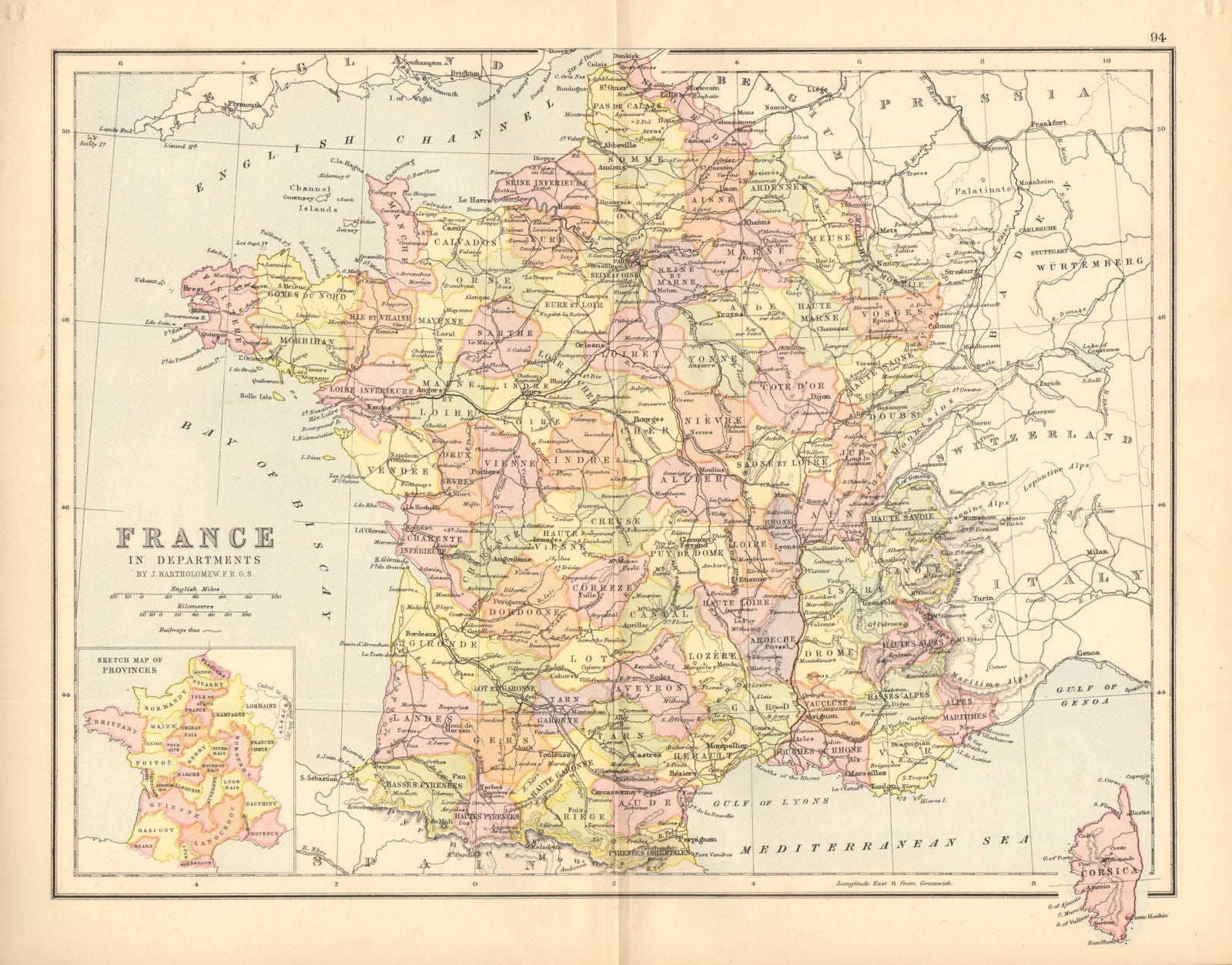 'France'. Railways. Departements. BARTHOLOMEW 1876 old antique map plan chart